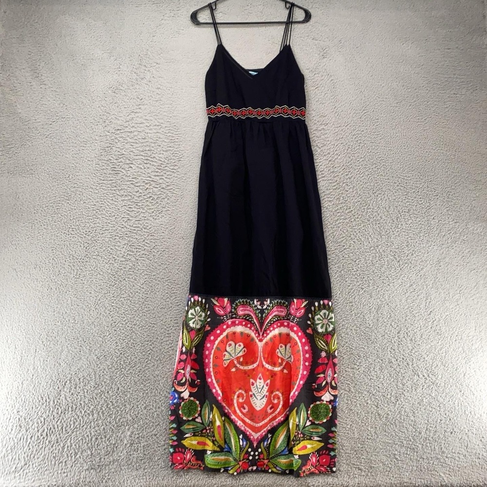 Desigual Anaraus Maxi Dress Womens 38 Heart Floral Boho Sundress Embroidered Hem